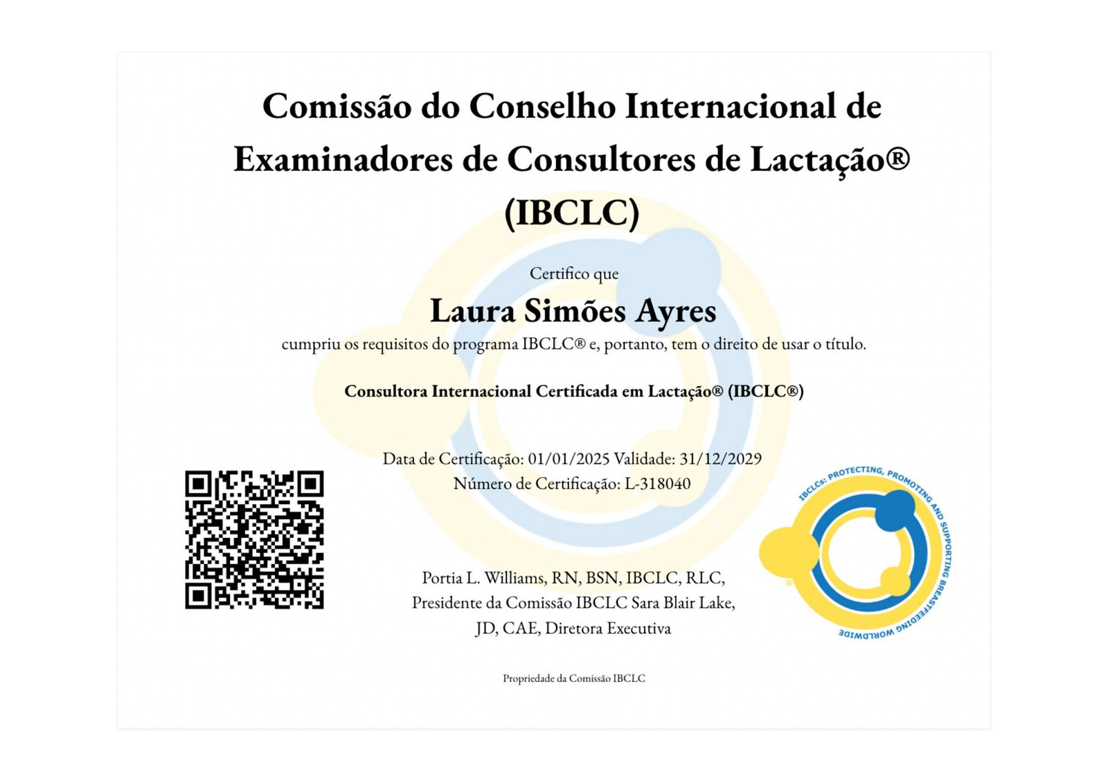 Certificado IBCLC de Laura Ayres — International Board Certified Lactation Consultant